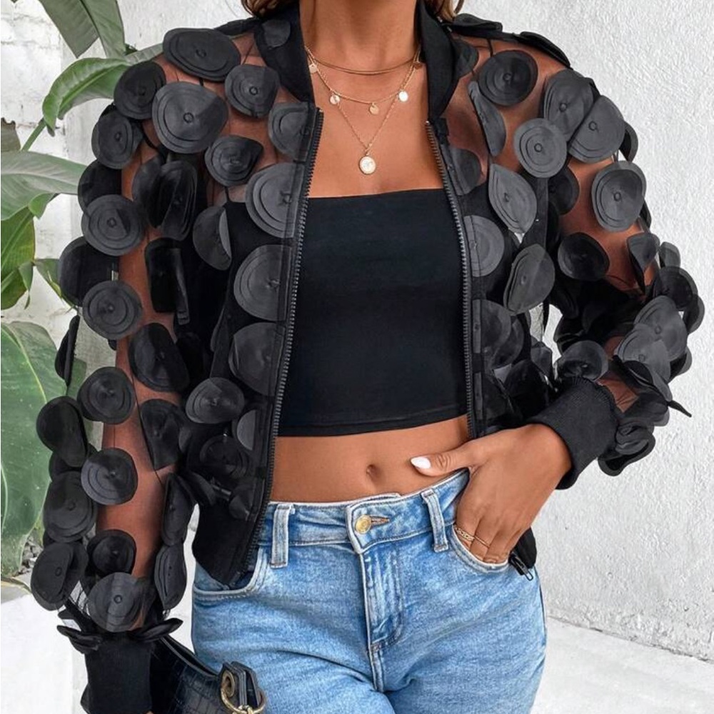 Rebellious Rose Black Sheer Bomber Jacket with Circular Appliqués
